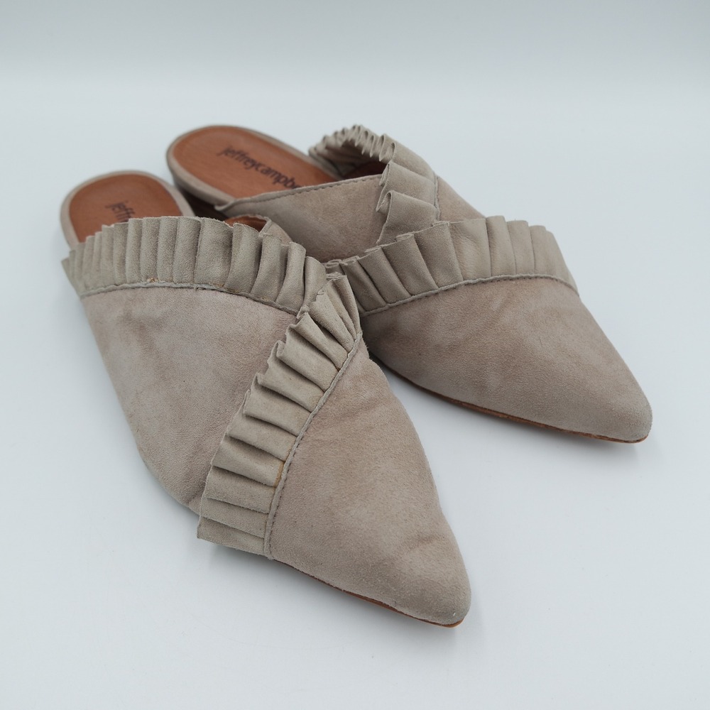 Jeffrey Campbell Cleo Ruffle Taupe Suede Pointed Toe Mules Flats Grey Size 7M